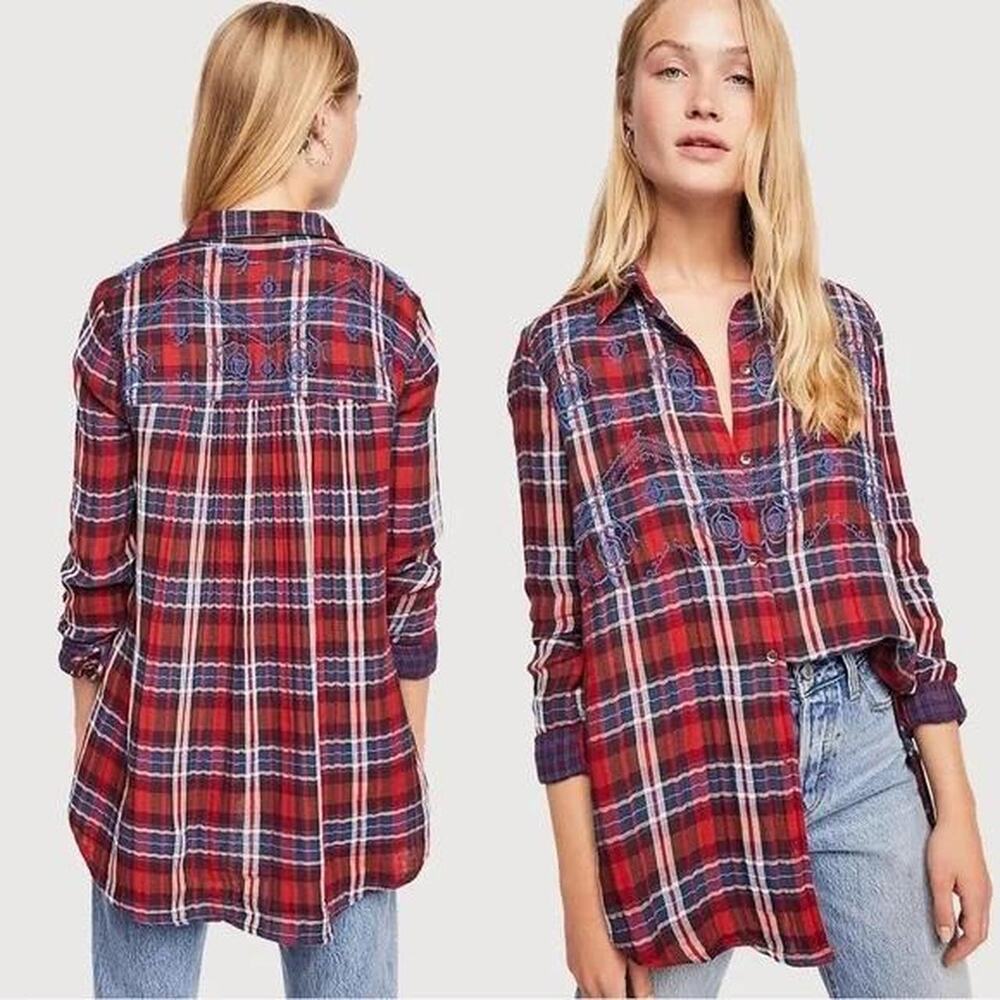 Free People red + blue plaid button-up shirt with paisley embroidery size XS
